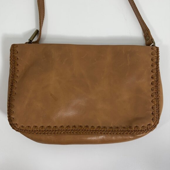 Minimalist THE SAK Flora Soft Leather Small Satchel Crocheted Trim Camel Tan - Picture 9 of 13